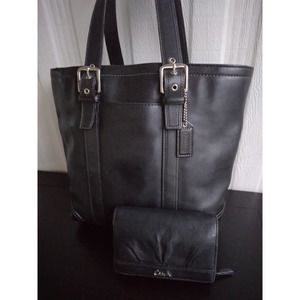 Coach Hampton F10194 Vintage Black Leather Tote Shoulder Bag & WALLET 2 PC!!